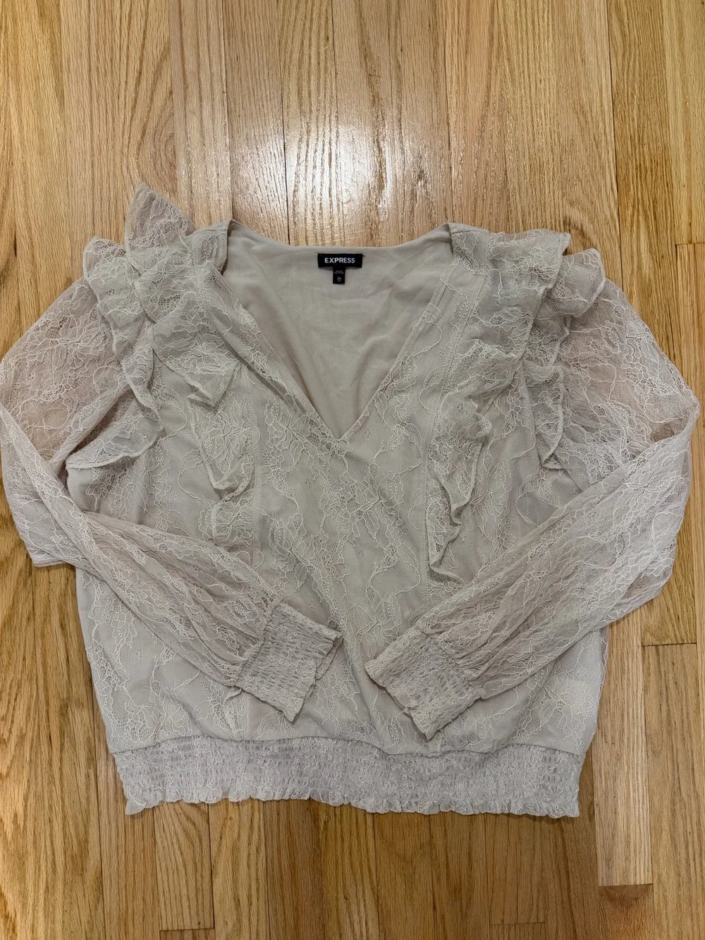 Express Lace Ruffle V-Neck Blouse — Light Beige (S-XL)